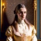 Portrait of woman in gold corseted dress with center-parted hair