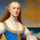 Blonde woman in blue dress by the sea and clouds