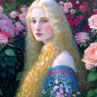 Young woman with long blond hair in pink rose garden