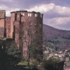 Scenic painting of grand castle overlooking river and medieval town amid autumn forests.