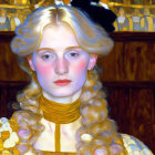 Portrait of young woman with golden hair and yellow ruffled collar.