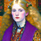 Portrait of young woman with blonde hair in purple garment on gold floral backdrop