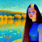 Blue-skinned woman in Van Gogh-style landscape