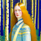 Stylized portrait of woman with long hair in blue-patterned clothing against birch forest