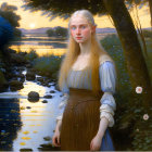 Blonde Woman with Elven Features by Stream at Sunset