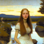 Young woman in white dress against sunset backdrop