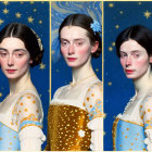 Triptych of Woman in Yellow Dress on Starry Night Sky