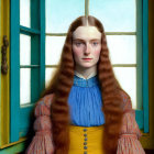 Portrait of woman with long red hair in blue collar dress by window with yellow frames and blue sky.