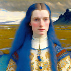 Woman with Blue Hair in Traditional Dress Against Yellow Grass Landscape