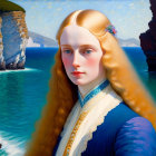 Woman with Long Red Hair in Blue Clothing Against Coastal Landscape