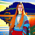 Long red-haired woman in traditional Slavic attire by vibrant river