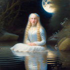 Moonlit Pond Scene: Young Girl Reflecting in Water