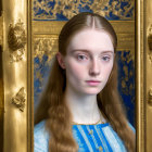 Woman with Braided Hair and Blue Eyes in Ornate Golden Frame