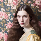 Portrait of woman with long brown hair, fair skin, and dark eyes in period dress against floral wallpaper