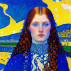 Stylized portrait of woman with red hair and blue clothing against Van Gogh-inspired starry night