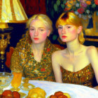 Vivid painting: Two women with golden hair at table with fruit & lamp