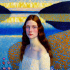 Red-haired woman portrait in blue and gold landscape with floral elements