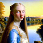 Blond young woman in blue dress by serene lake at sunset