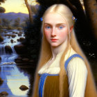 Young woman with long blond hair and blue eyes in serene landscape.