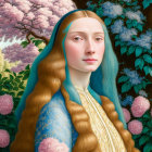 Young woman with braided hair in blue and gold dress amid pink flowering trees