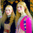 Two fair-haired women in ornate clothing near a mirror