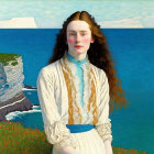 Red-haired woman in white blouse by coastal cliffs.