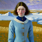 Woman in Blue Coat Standing in Winter Landscape