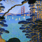 Vibrant sunset painting of Golden Gate Bridge with sailboats and pine trees