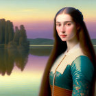 Young woman in blue & gold renaissance dress by tranquil lake at sunset