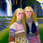 Ethereal Women with Golden Hair by a Waterfall Landscape