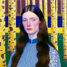 Auburn-haired woman in blue headband among birch trees