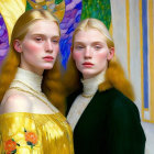 Two women in elegant historical dresses, one gold and one green, standing together solemnly.