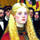 Young woman with long blonde hair in vibrant yellow and gold color scheme, surrounded by men in formal attire