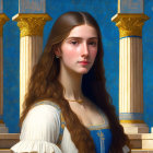 Woman with Long Brown Hair in White Blouse by Classical Columns