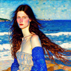 Digital artwork: Woman with red hair in blue dress against ocean backdrop