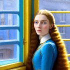 Young woman in blue dress gazes out yellow window frame in front of blue buildings