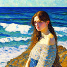 Woman with long hair sitting by the sea under sunlight.