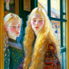 Blonde Women in Historical Clothing by Stained Glass