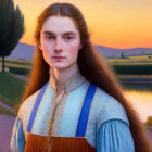 Portrait of young woman in historical dress with long hair in serene sunset landscape