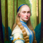 Portrait of young woman with long braided blonde hair in blue dress against forest backdrop