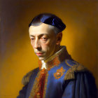 Man in Historical Dress with Blue Hat and Embroidered Collar on Yellow Background