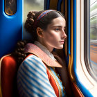 Woman with braided hair gazing out train window as another train passes by