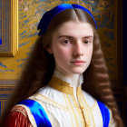 Young woman with long brown hair in blue headband and white dress against historical tapestry.