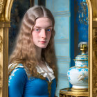 Young woman in historical dress by ornate mirror and blue vase