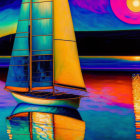 Colorful Sailboat Painting with Sunset Reflection