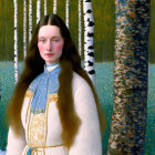 Portrait of woman with long brown hair in blue and gold traditional outfit against snowy birch trees.