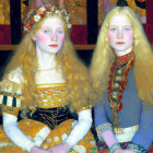 Pale-skinned individuals with long yellow hair in ornate costumes against colorful backdrop