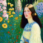 Woman with long brown hair in yellow and blue dress among colorful flowers