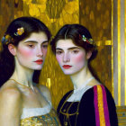 Two young women with flowers in their hair against a golden, ornate background