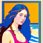 Stylized digital artwork: Woman with blue hair on geometric sea-sun background